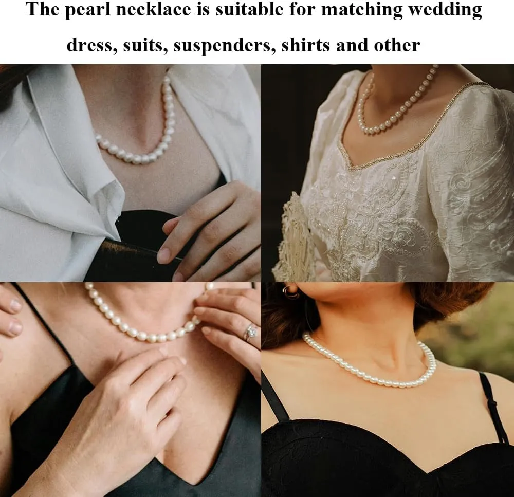 Pearl Necklace for Women, 4/6/8/10mm White Imitation Pearl Necklace, Round Faux Glass Pearl Necklace, Pearl Choker Necklace, Elegant Wedding Parties Necklace
