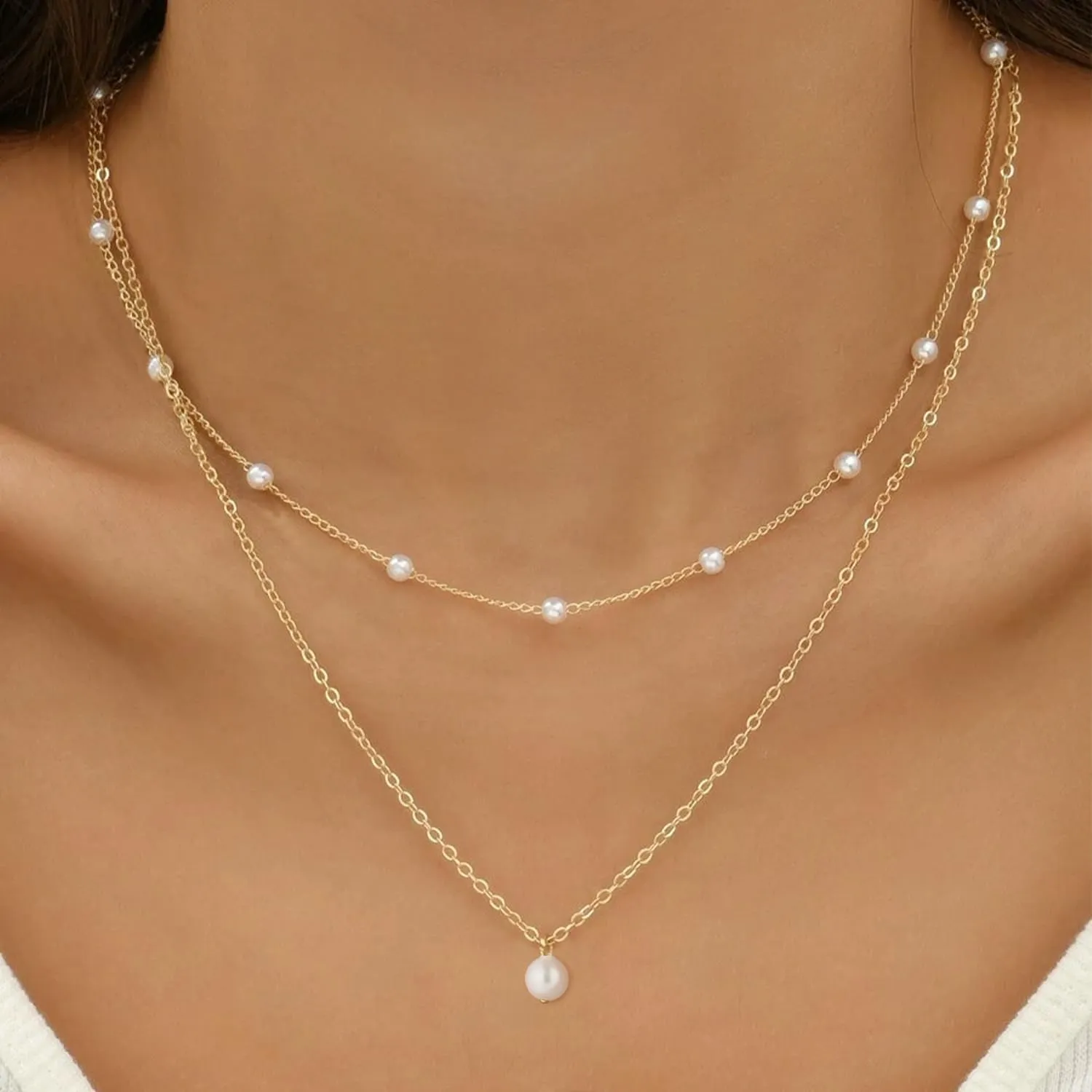 Pearl Necklace for Women, Dainty Pearl Choker Necklace for Women 14K Gold Plated Layered Pearl Necklace Handmade Pearl Chain Necklace Everyday Jewelry Gift