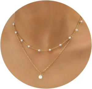 Pearl Necklace for Women, Dainty Pearl Choker Necklace for Women 14K Gold Plated Layered Pearl Necklace Handmade Pearl Chain Necklace Everyday Jewelry Gift