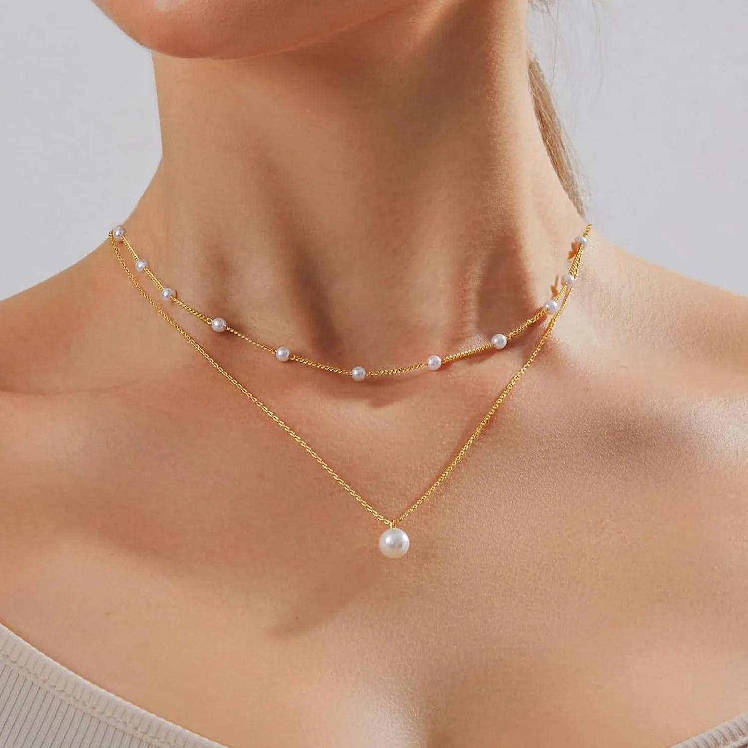 Pearl Necklace for Women, Dainty Pearl Choker Necklace for Women 14K Gold Plated Layered Pearl Necklace Handmade Pearl Chain Necklace Everyday Jewelry Gift
