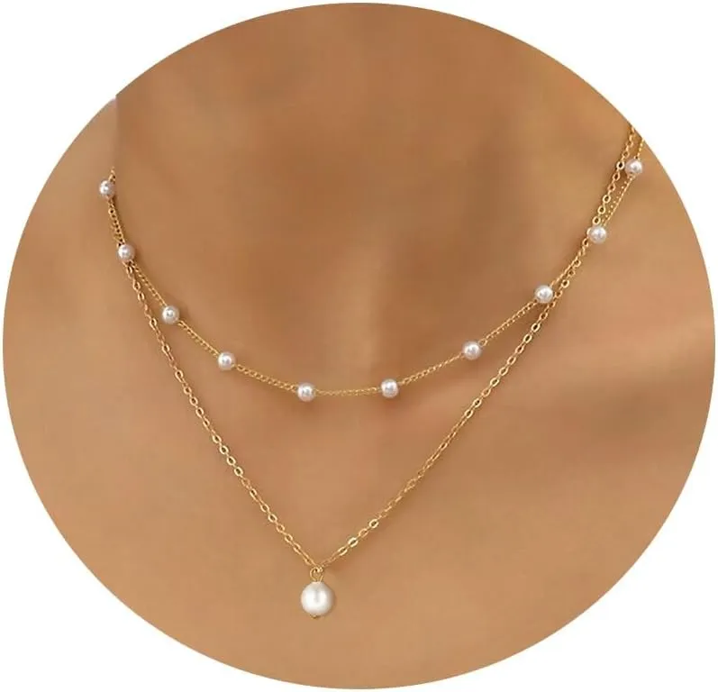 Pearl Necklace for Women, Dainty Pearl Choker Necklace for Women 14K Gold Plated Layered Pearl Necklace Handmade Pearl Chain Necklace Everyday Jewelry Gift