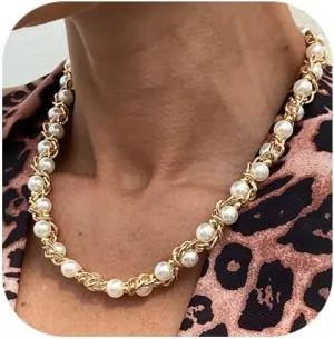 Pearl Necklace for Women Gold Silver Chain Necklace Pearl Choker Statement Bridal Wedding Party Vintage Jewelry