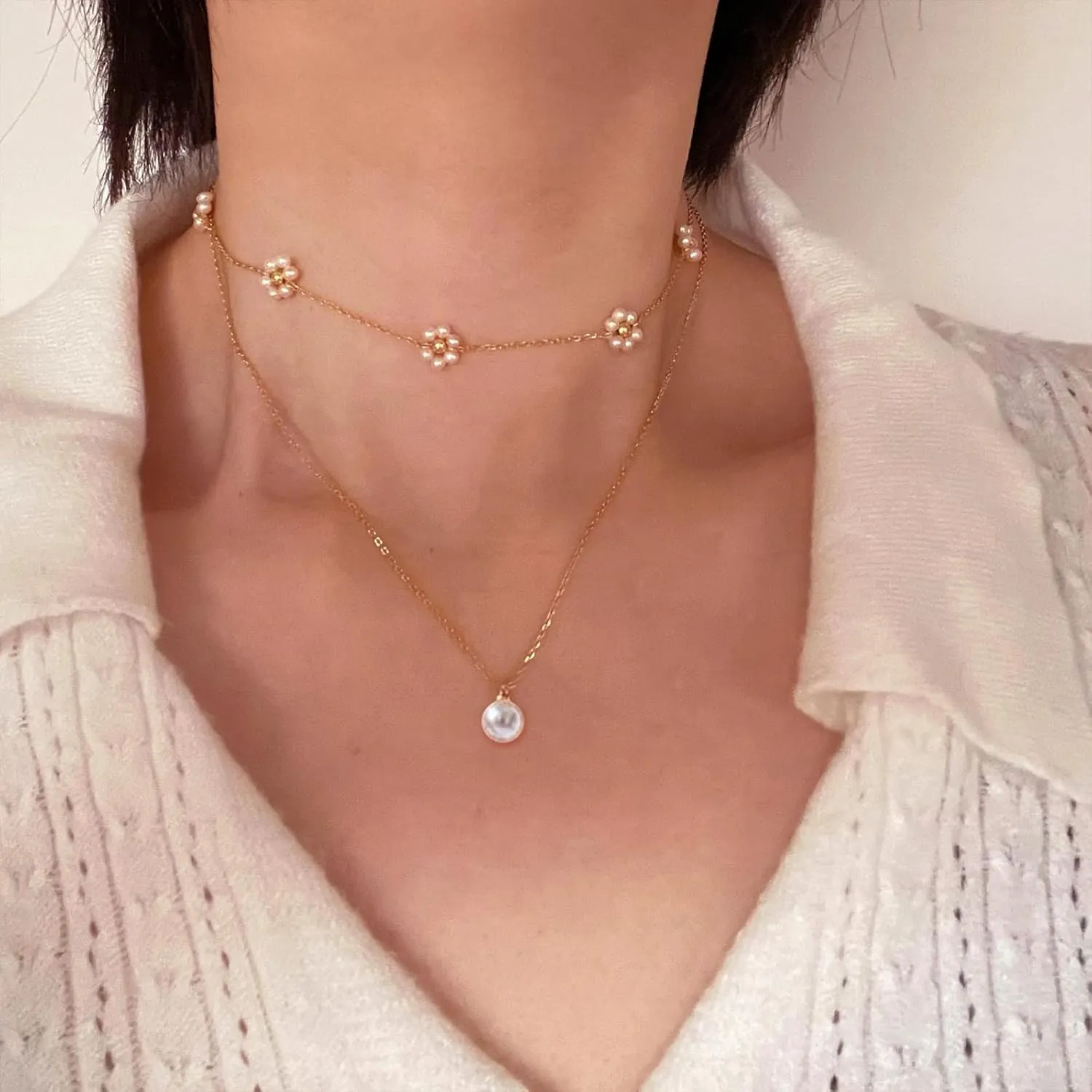 Pearls Necklaces for Women White Flower Choker Necklace Dainty Layered Pearl Choker Costume Jewelry for Women Pearl Jewelry