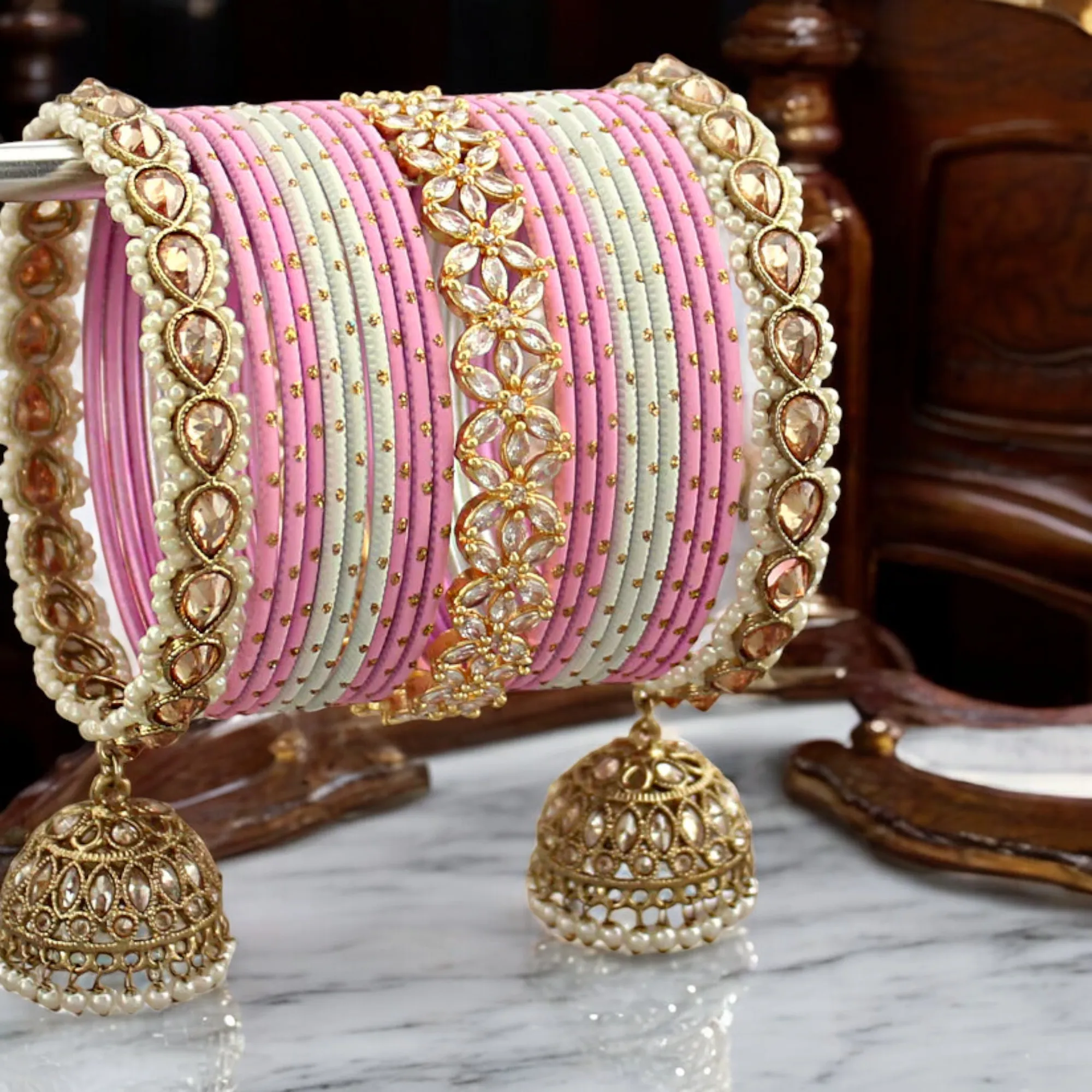 Pink Pearl Wedding Bangle Chura Jhumki Set, Pink Jewellery Set, Pink Bangles Jhumki Set, Bridal Pearl Jewelry Set, Wedding Kundan Jewellery