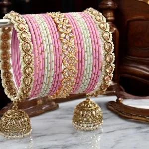 Pink Pearl Wedding Bangle Chura Jhumki Set, Pink Jewellery Set, Pink Bangles Jhumki Set, Bridal Pearl Jewelry Set, Wedding Kundan Jewellery