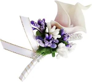 PRETYZOOM 1PC Elegant PU Floral Brooch Pin for Brides and Bridesmaids White Purple Simulation Boutonniere Unique Evening Party Accessory with Rhinestone Inlaid for Weddings and Special