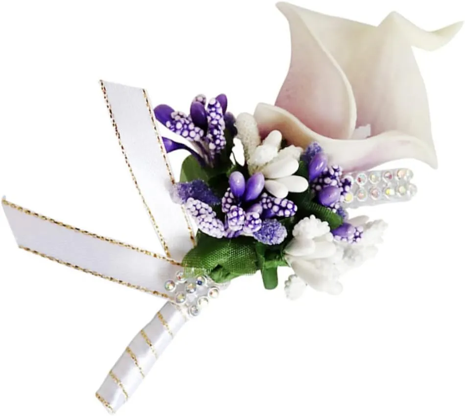 PRETYZOOM 1PC Elegant PU Floral Brooch Pin for Brides and Bridesmaids White Purple Simulation Boutonniere Unique Evening Party Accessory with Rhinestone Inlaid for Weddings and Special