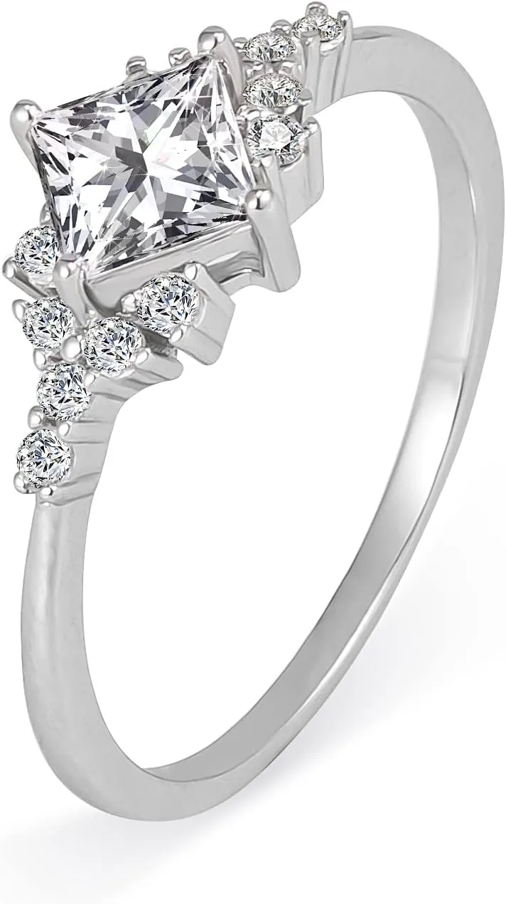 Princess Cut 3A Cubic Zirconia Engagement Rings 925 Sterling Silver Wedding Ring for Women 18K White Gold Plated Promise Bridal Ring for Her