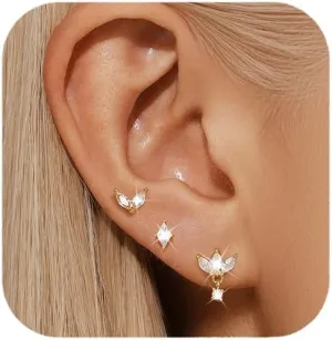 QUINBY Earrings For Women Trendy 14k Gold Plated Stud Earrings Set Hypoallergenic Cartilage Stud Earring Cubic Zirconia Sterling Silver Earring Set For Multiple Piercing