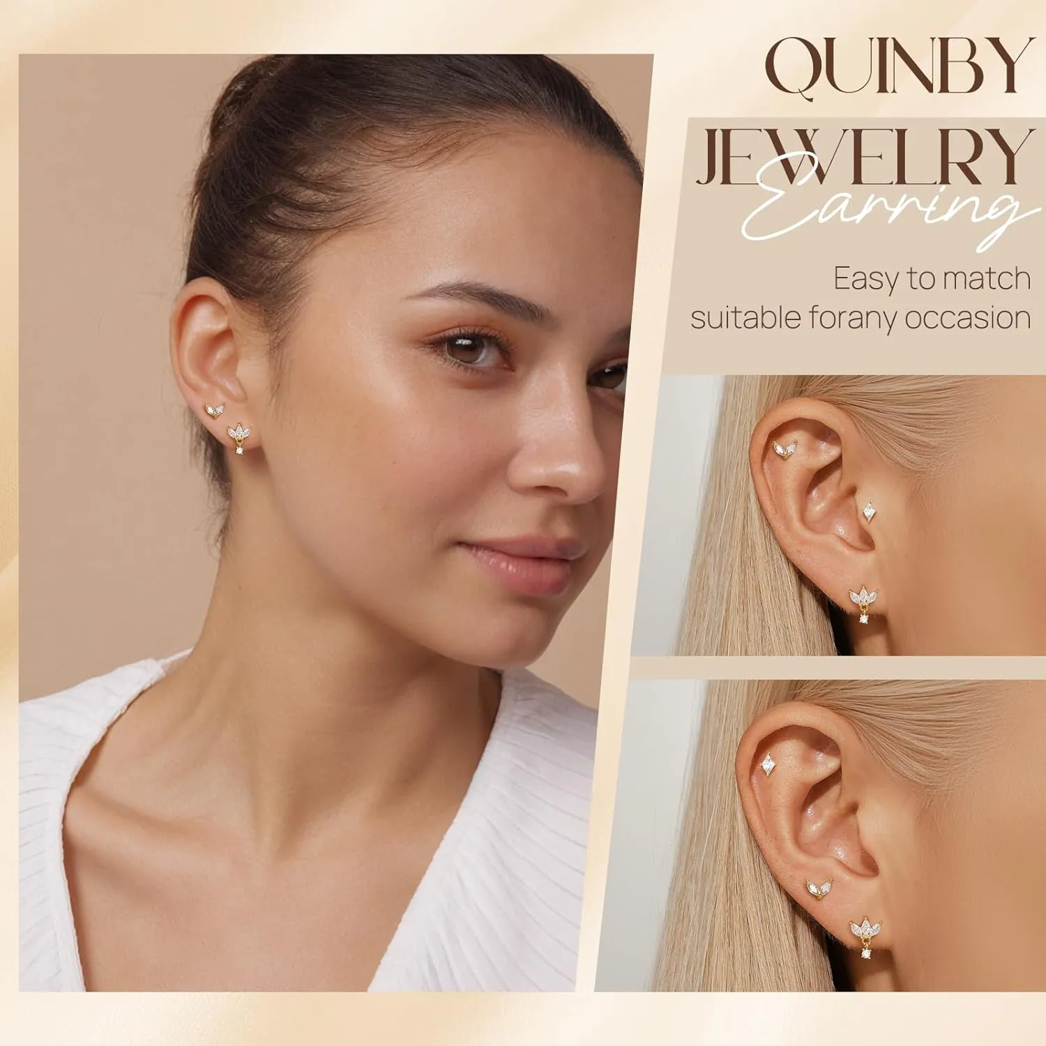 QUINBY Earrings For Women Trendy 14k Gold Plated Stud Earrings Set Hypoallergenic Cartilage Stud Earring Cubic Zirconia Sterling Silver Earring Set For Multiple Piercing