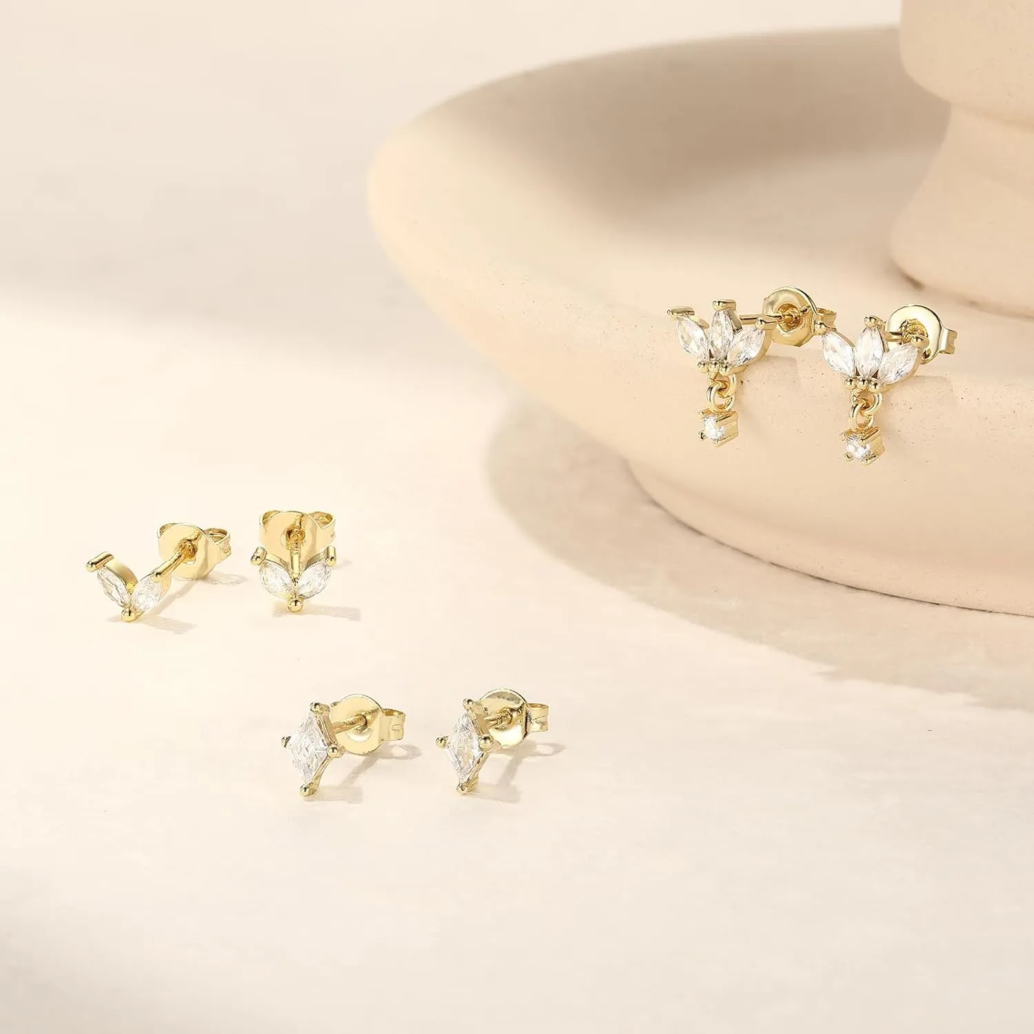 QUINBY Earrings For Women Trendy 14k Gold Plated Stud Earrings Set Hypoallergenic Cartilage Stud Earring Cubic Zirconia Sterling Silver Earring Set For Multiple Piercing