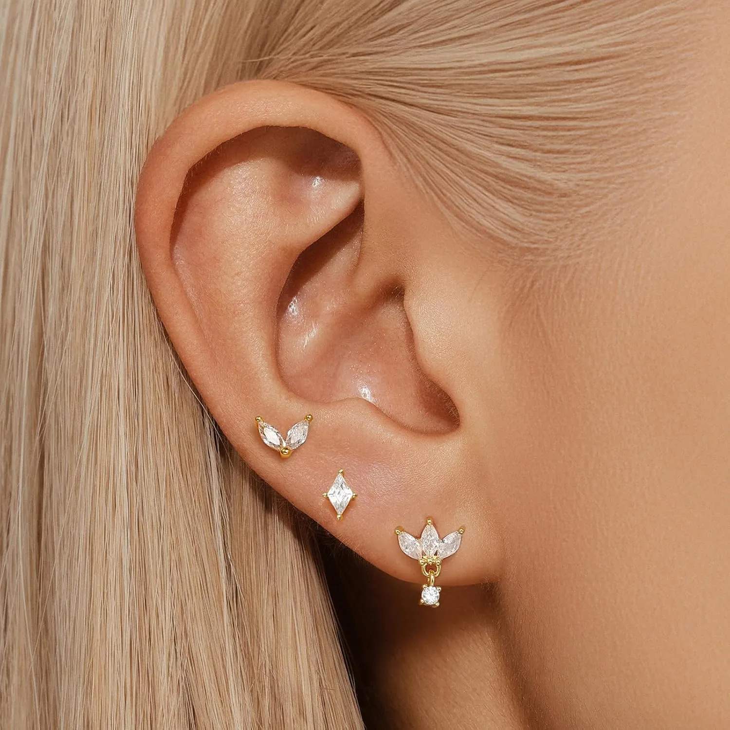 QUINBY Earrings For Women Trendy 14k Gold Plated Stud Earrings Set Hypoallergenic Cartilage Stud Earring Cubic Zirconia Sterling Silver Earring Set For Multiple Piercing