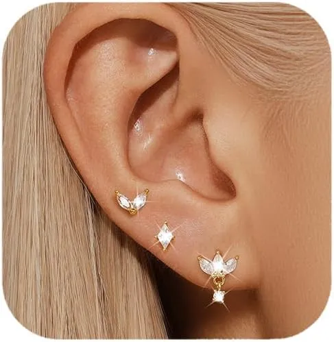 QUINBY Earrings For Women Trendy 14k Gold Plated Stud Earrings Set Hypoallergenic Cartilage Stud Earring Cubic Zirconia Sterling Silver Earring Set For Multiple Piercing