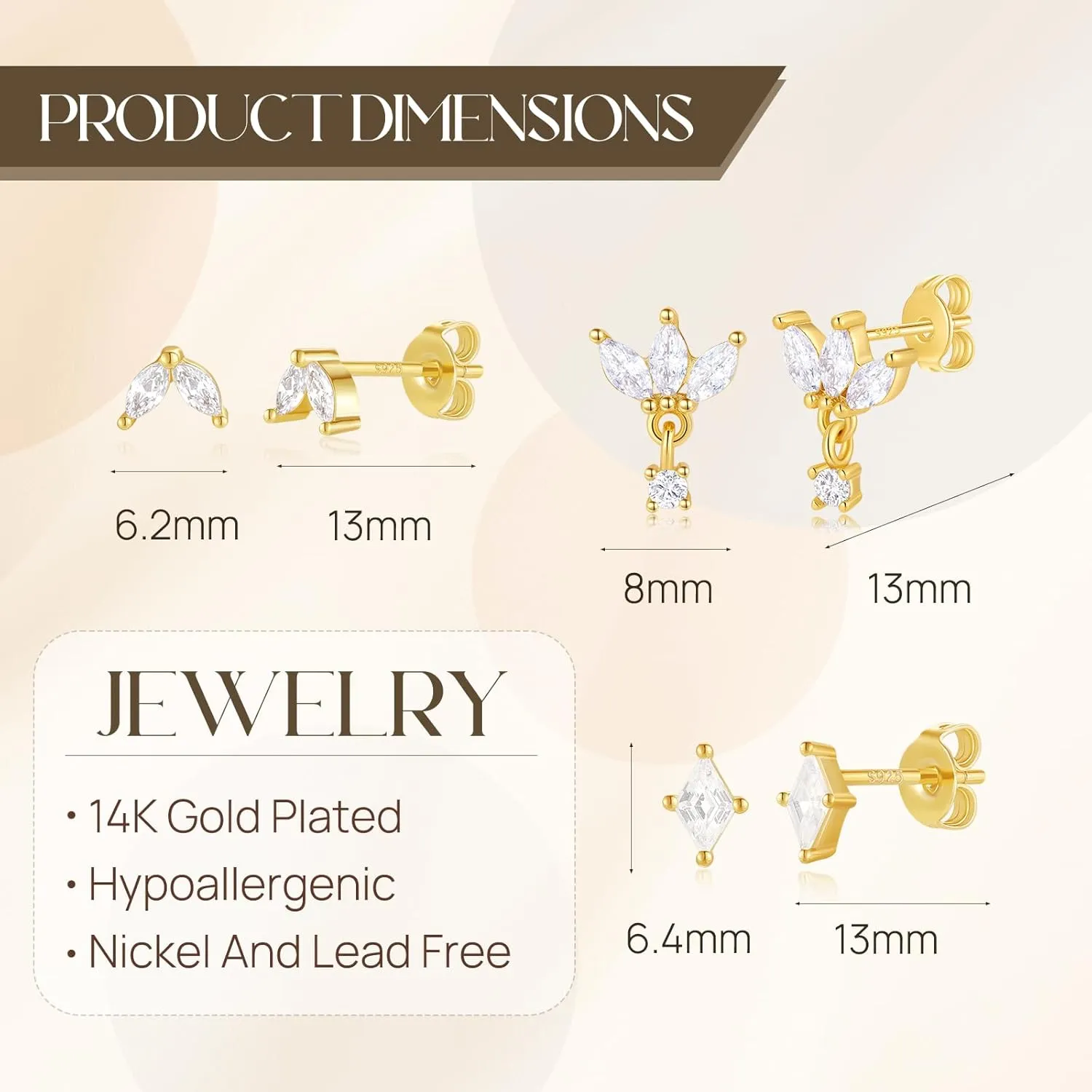 QUINBY Earrings For Women Trendy 14k Gold Plated Stud Earrings Set Hypoallergenic Cartilage Stud Earring Cubic Zirconia Sterling Silver Earring Set For Multiple Piercing