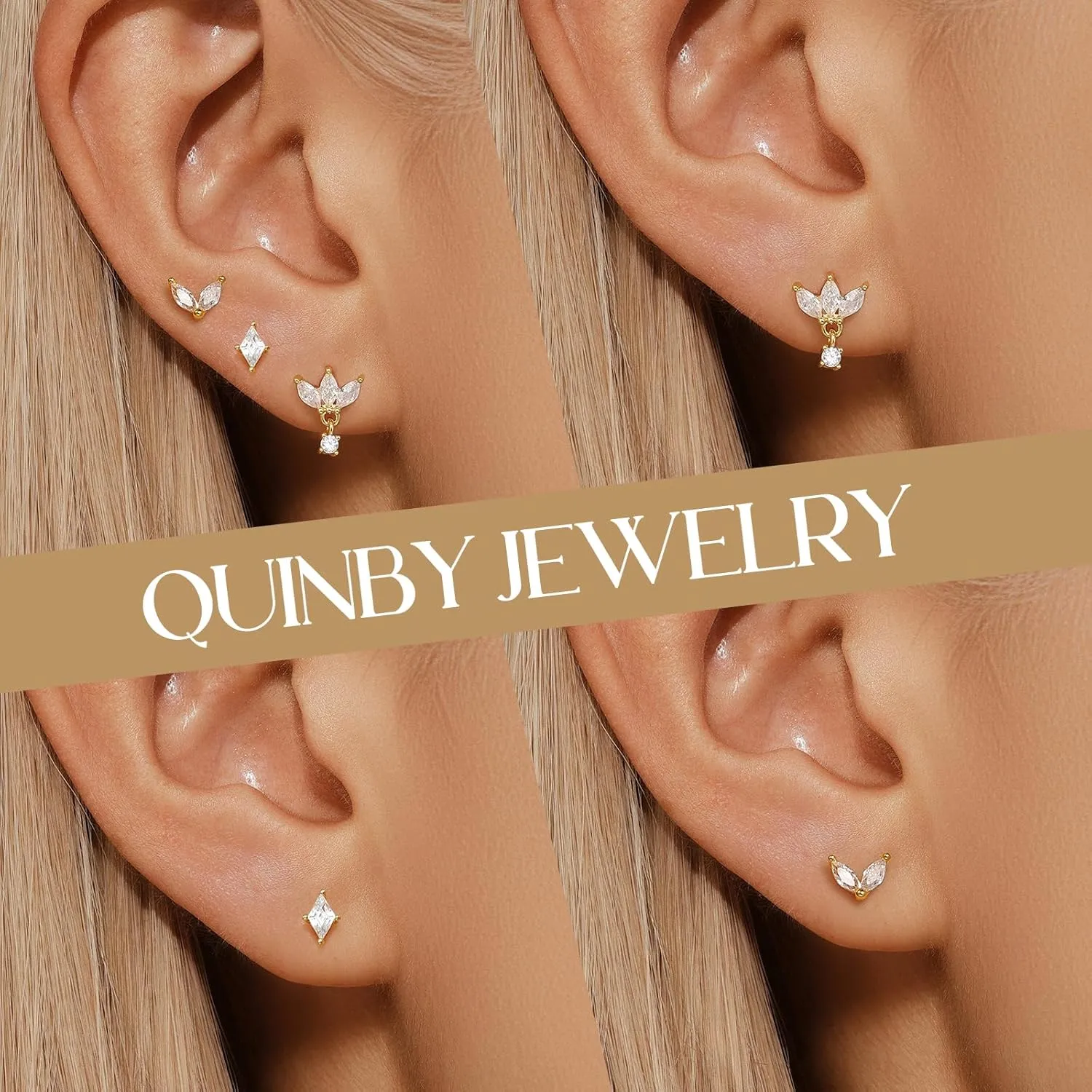 QUINBY Earrings For Women Trendy 14k Gold Plated Stud Earrings Set Hypoallergenic Cartilage Stud Earring Cubic Zirconia Sterling Silver Earring Set For Multiple Piercing