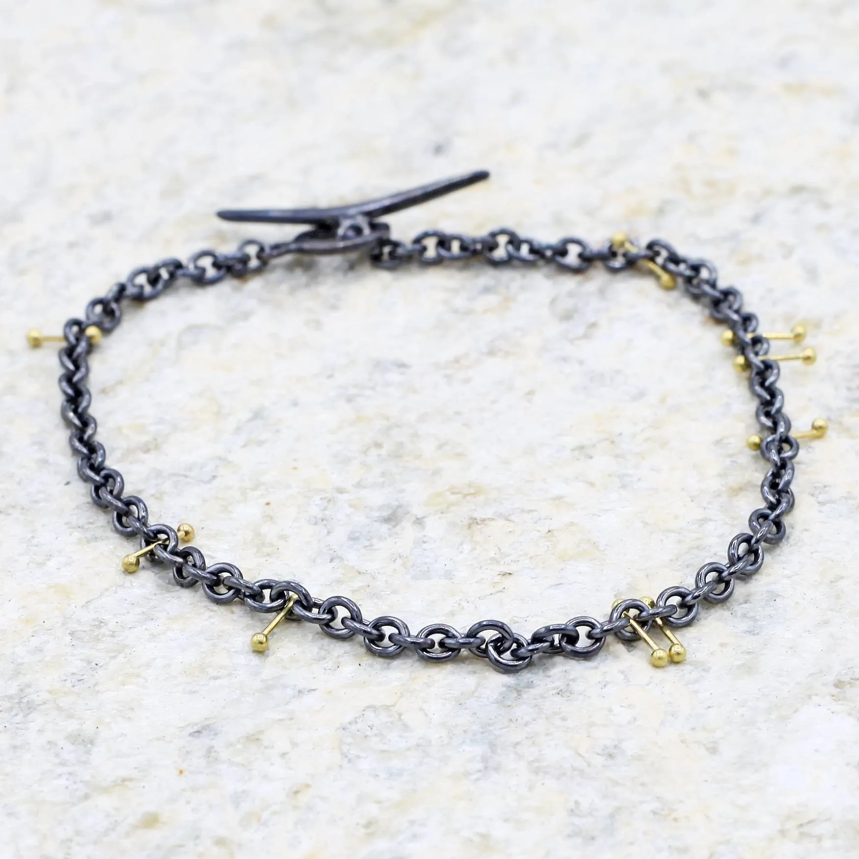 "Pinned" Oxidized Silver   18k Gold Chain Bracelet