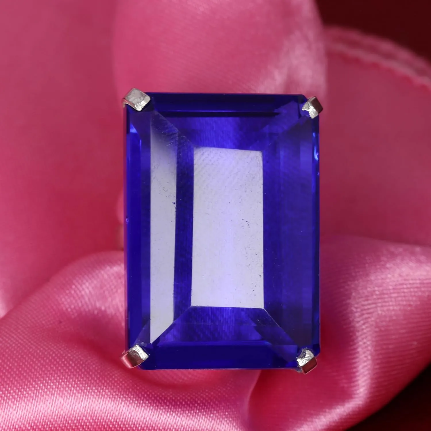 REAL-GEMS 925 Silver Lab Made Dark Blue Topaz Emerald Shape 97 CARAT Ring for Statement Breathtaking Statement Piece Large Size Ring