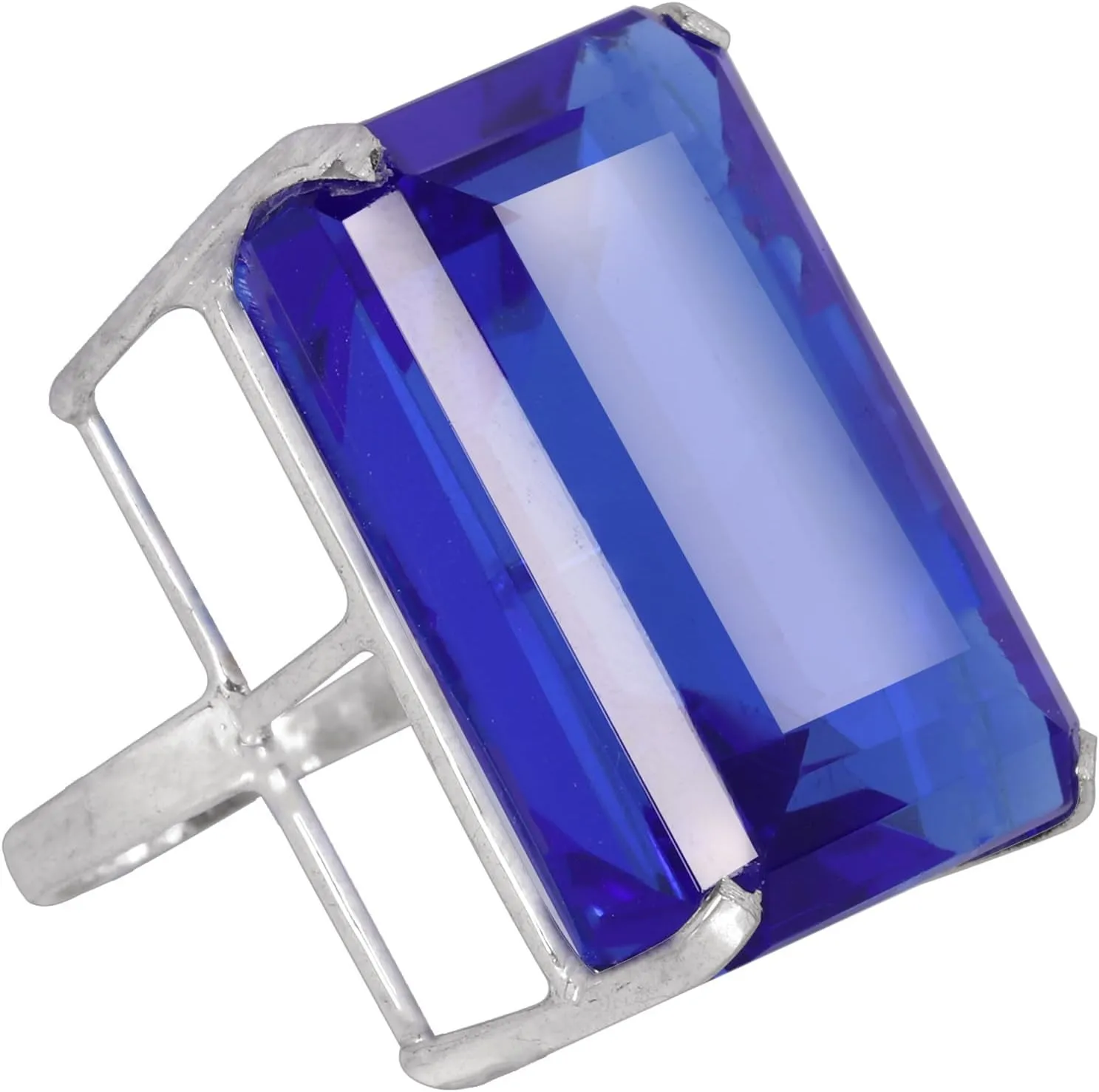REAL-GEMS 925 Silver Lab Made Dark Blue Topaz Emerald Shape 97 CARAT Ring for Statement Breathtaking Statement Piece Large Size Ring