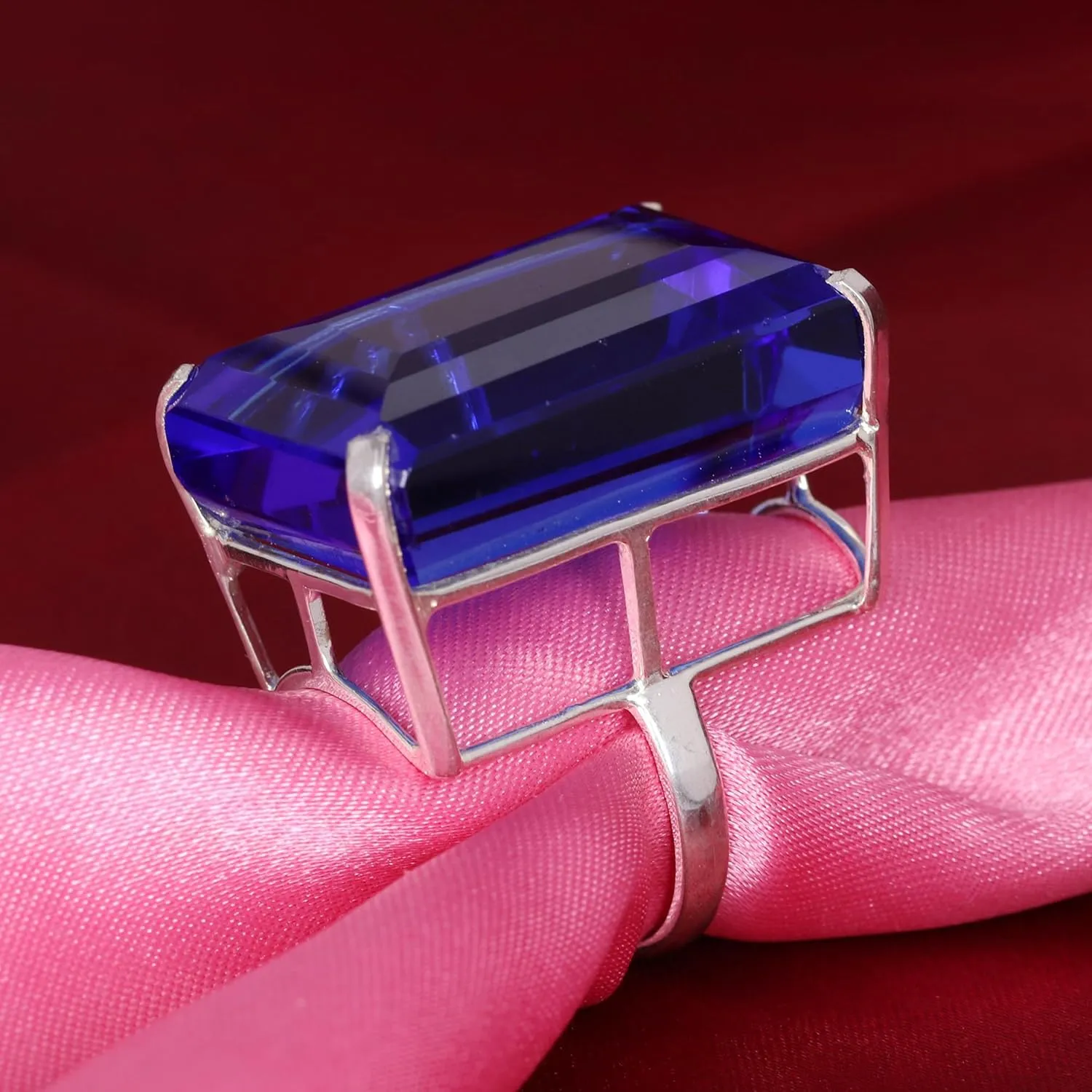 REAL-GEMS 925 Silver Lab Made Dark Blue Topaz Emerald Shape 97 CARAT Ring for Statement Breathtaking Statement Piece Large Size Ring