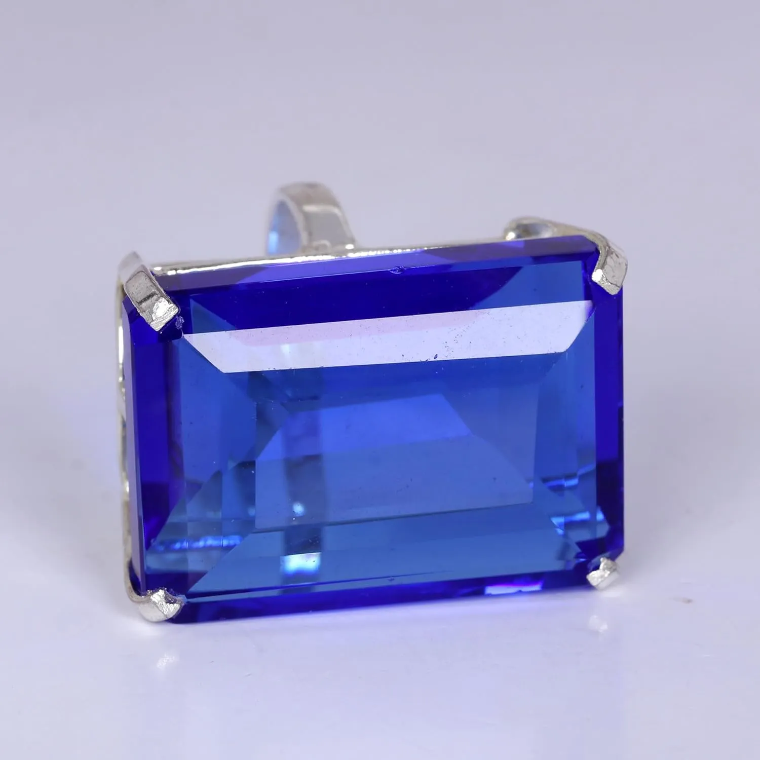 REAL-GEMS 925 Silver Lab Made Dark Blue Topaz Emerald Shape 97 CARAT Ring for Statement Breathtaking Statement Piece Large Size Ring