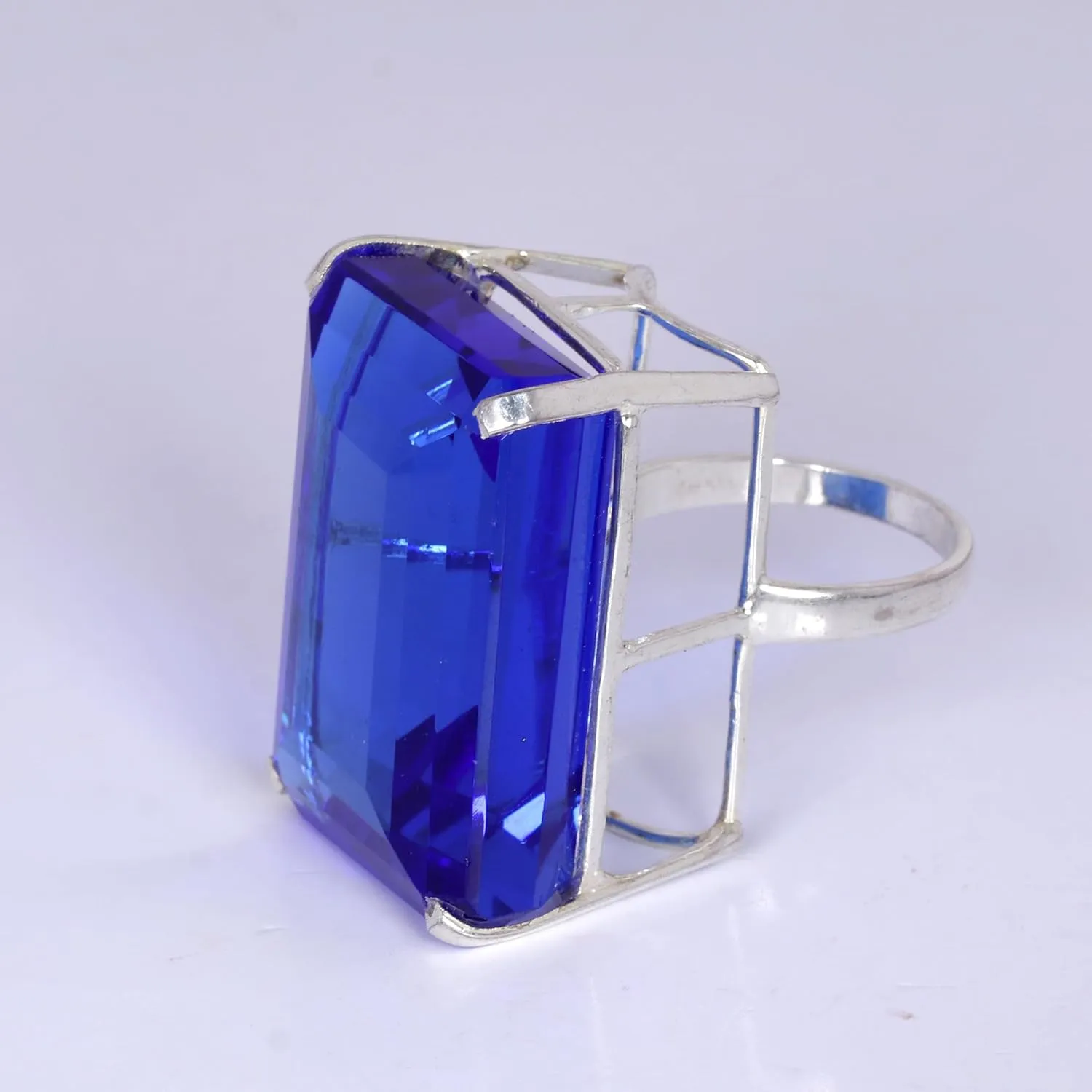 REAL-GEMS 925 Silver Lab Made Dark Blue Topaz Emerald Shape 97 CARAT Ring for Statement Breathtaking Statement Piece Large Size Ring