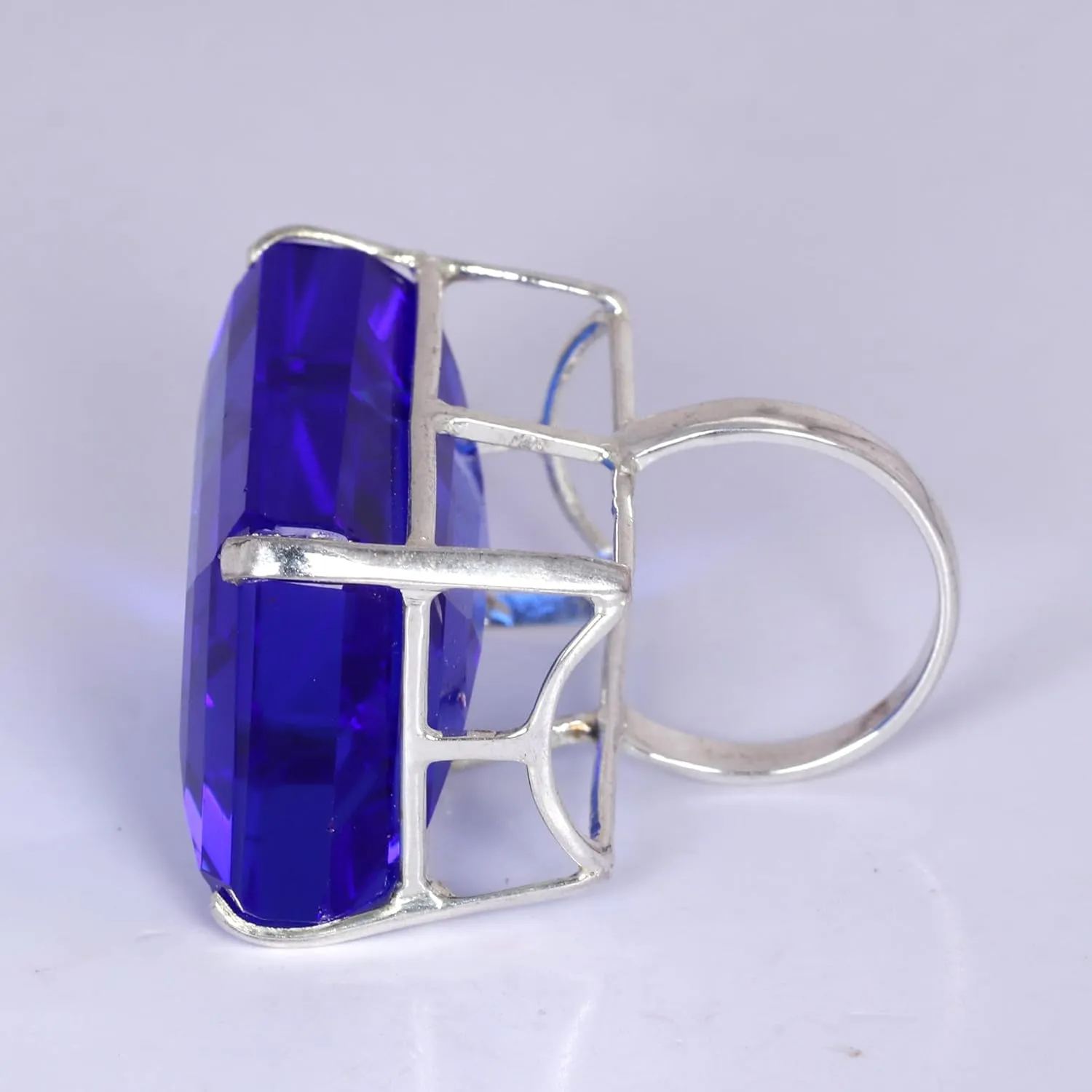REAL-GEMS 925 Silver Lab Made Dark Blue Topaz Emerald Shape 97 CARAT Ring for Statement Breathtaking Statement Piece Large Size Ring