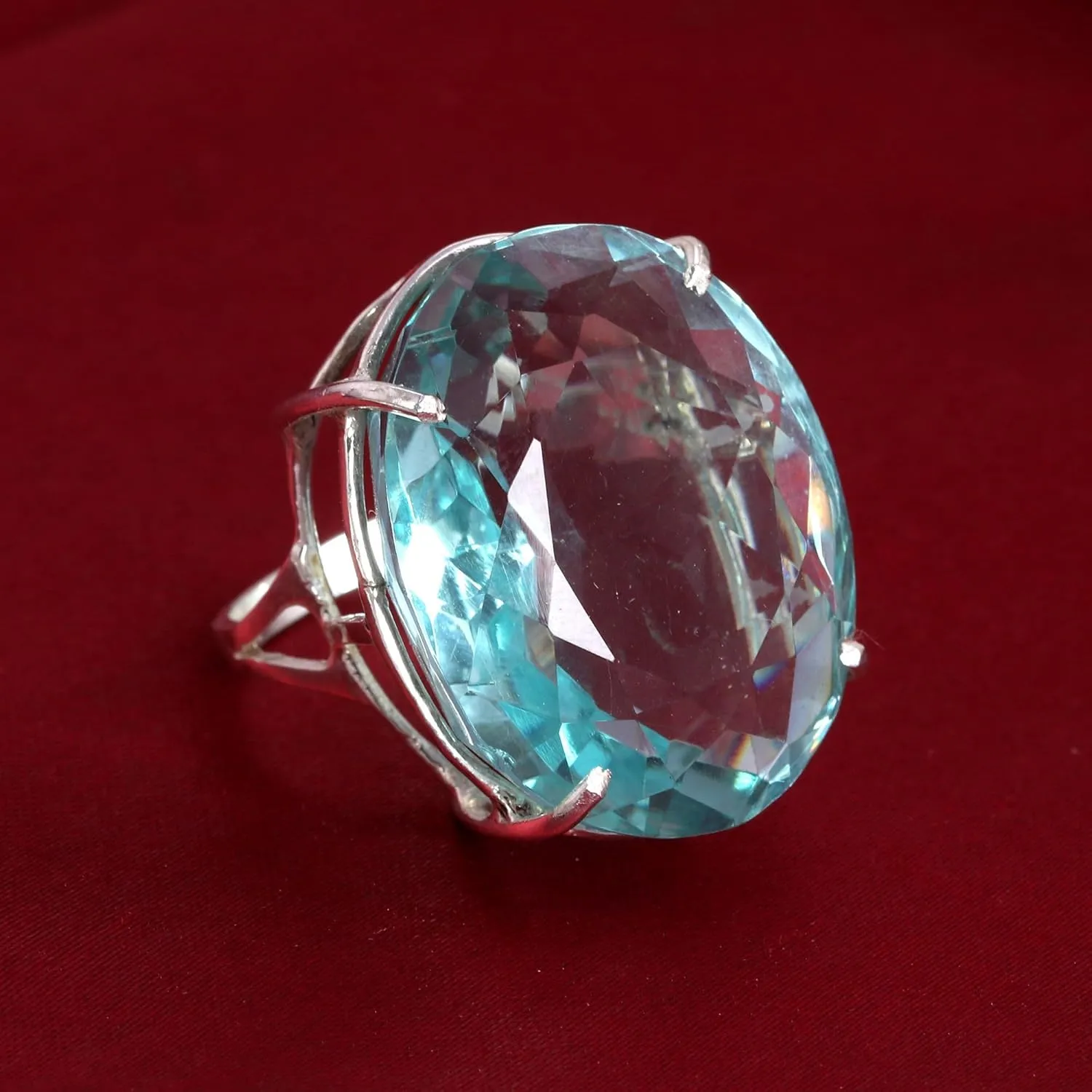 REAL-GEMS 96 Carat Oval Cut Sterling 925 Silver Hydrothermal Aquamarine Ring for Birthday Classic Gemstone Ring for Women