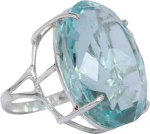 REAL-GEMS Lab Created Aquamarine 91 CARAT Solid 925 Silver Oval Shape Ring for Statement Big Size Hydrothermal Gemstone Ring