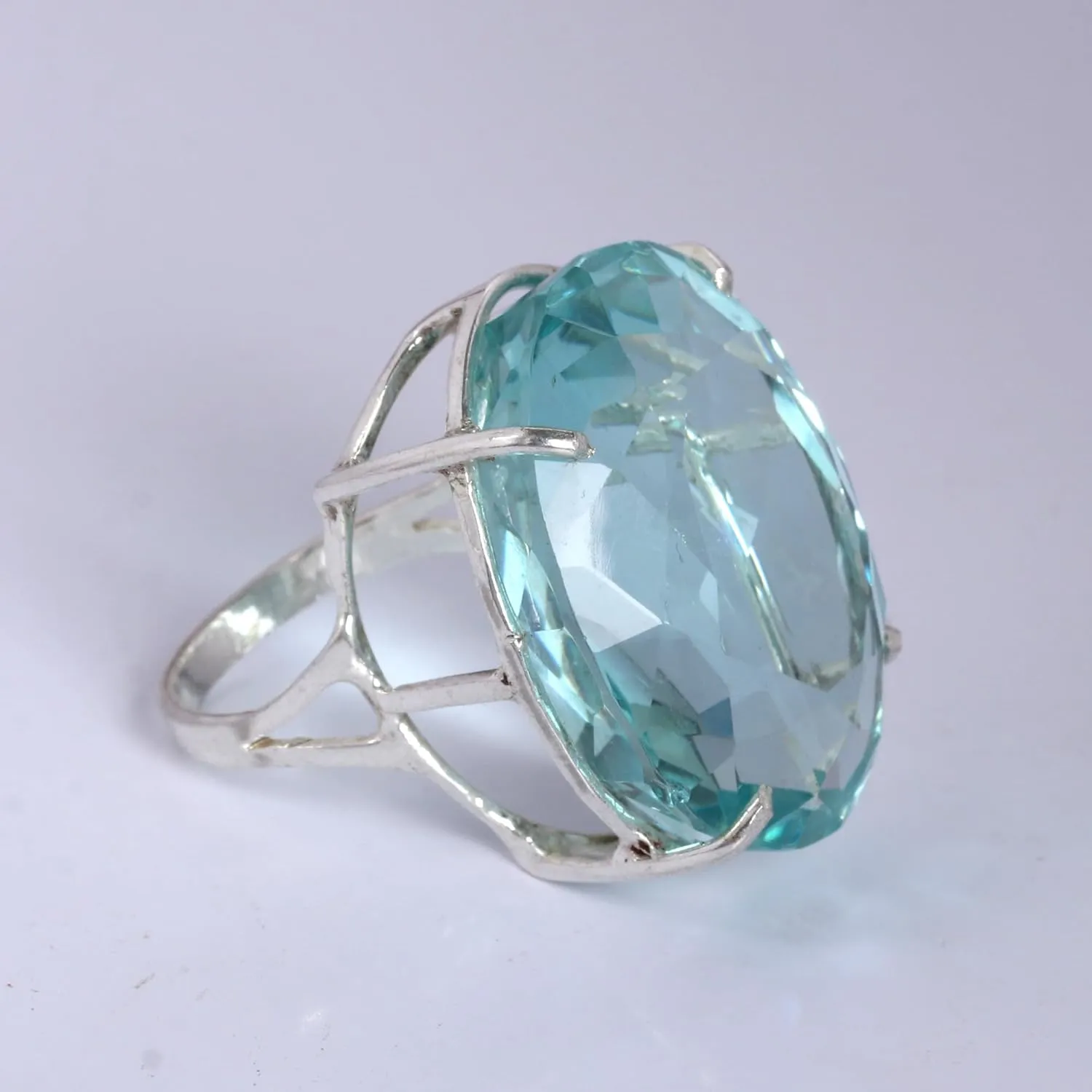 REAL-GEMS Lab Created Aquamarine 91 CARAT Solid 925 Silver Oval Shape Ring for Statement Big Size Hydrothermal Gemstone Ring