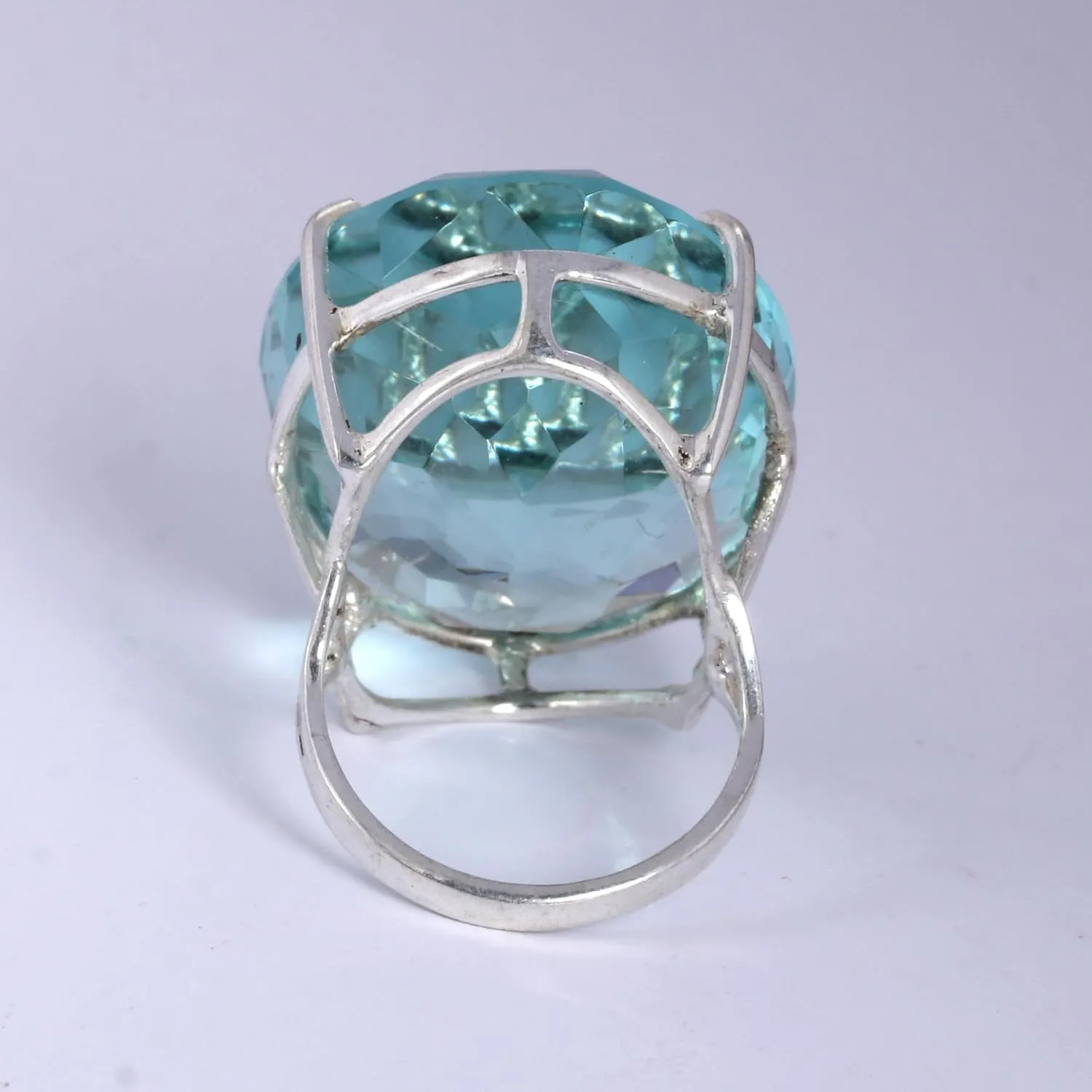 REAL-GEMS Lab Created Aquamarine 91 CARAT Solid 925 Silver Oval Shape Ring for Statement Big Size Hydrothermal Gemstone Ring