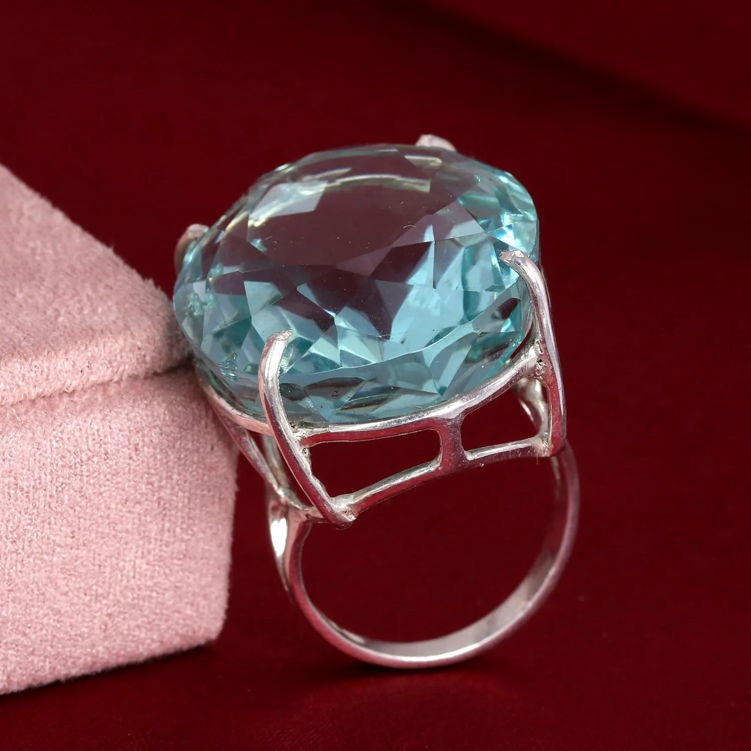 REAL-GEMS Lab Created Aquamarine 91 CARAT Solid 925 Silver Oval Shape Ring for Statement Big Size Hydrothermal Gemstone Ring
