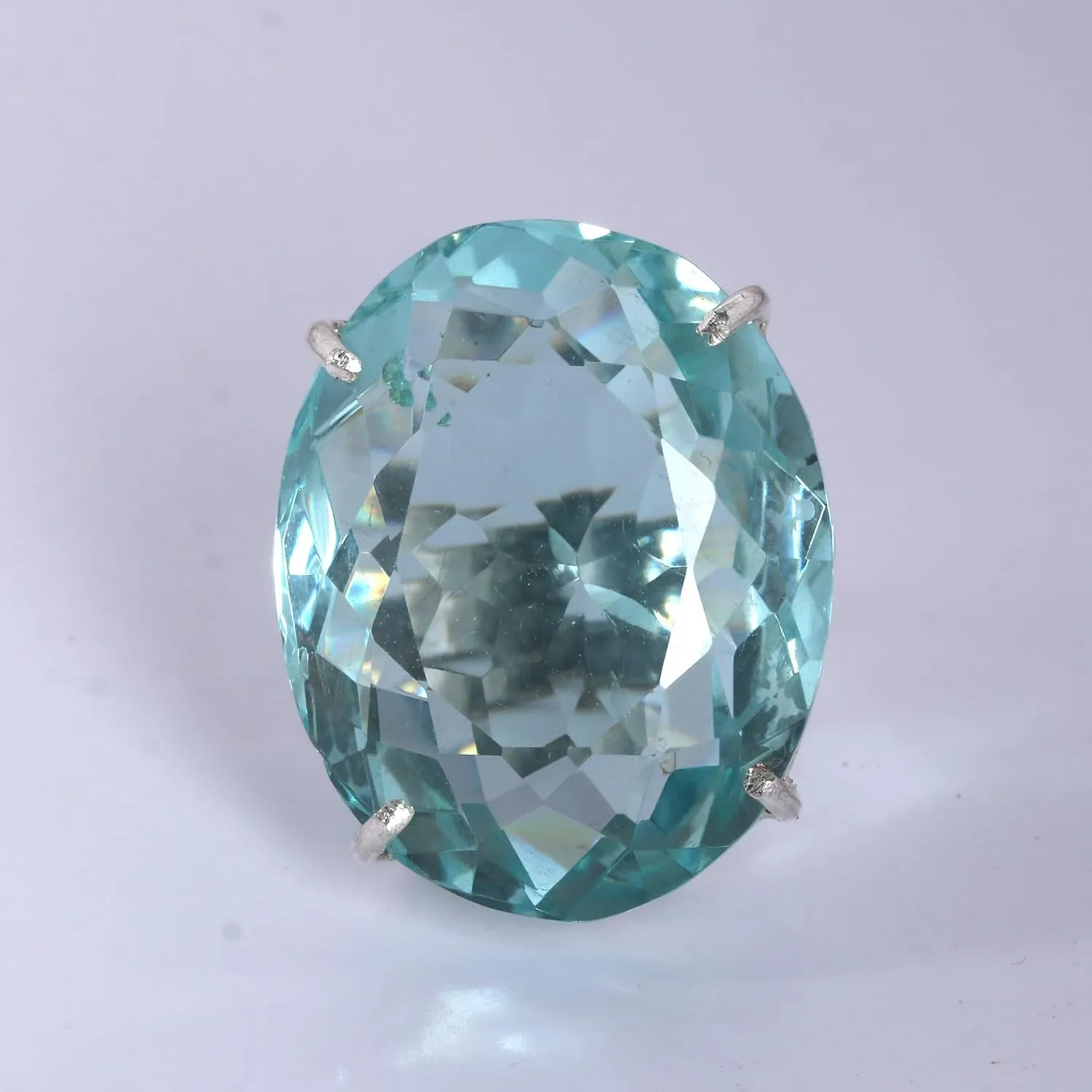 REAL-GEMS Lab Created Aquamarine 91 CARAT Solid 925 Silver Oval Shape Ring for Statement Big Size Hydrothermal Gemstone Ring