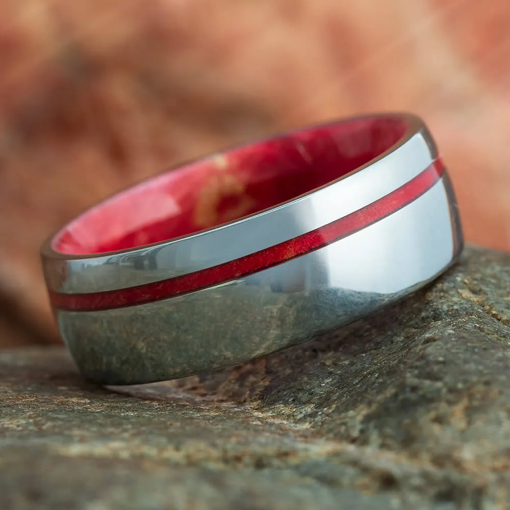 Red Box Elder Ring With Wooden Sleeve And Titanium