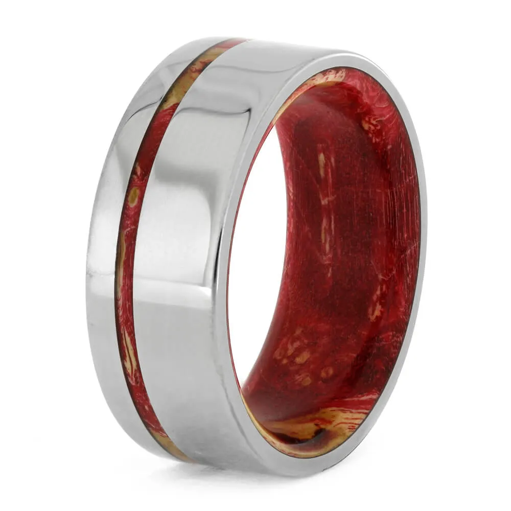 Red Box Elder Ring With Wooden Sleeve And Titanium