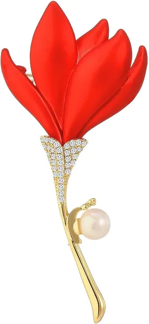 Red Orchid Flower Brooch Pins for Women Fashion Broach with Imitation Pearl Brooches for Christmas Birthday Gift