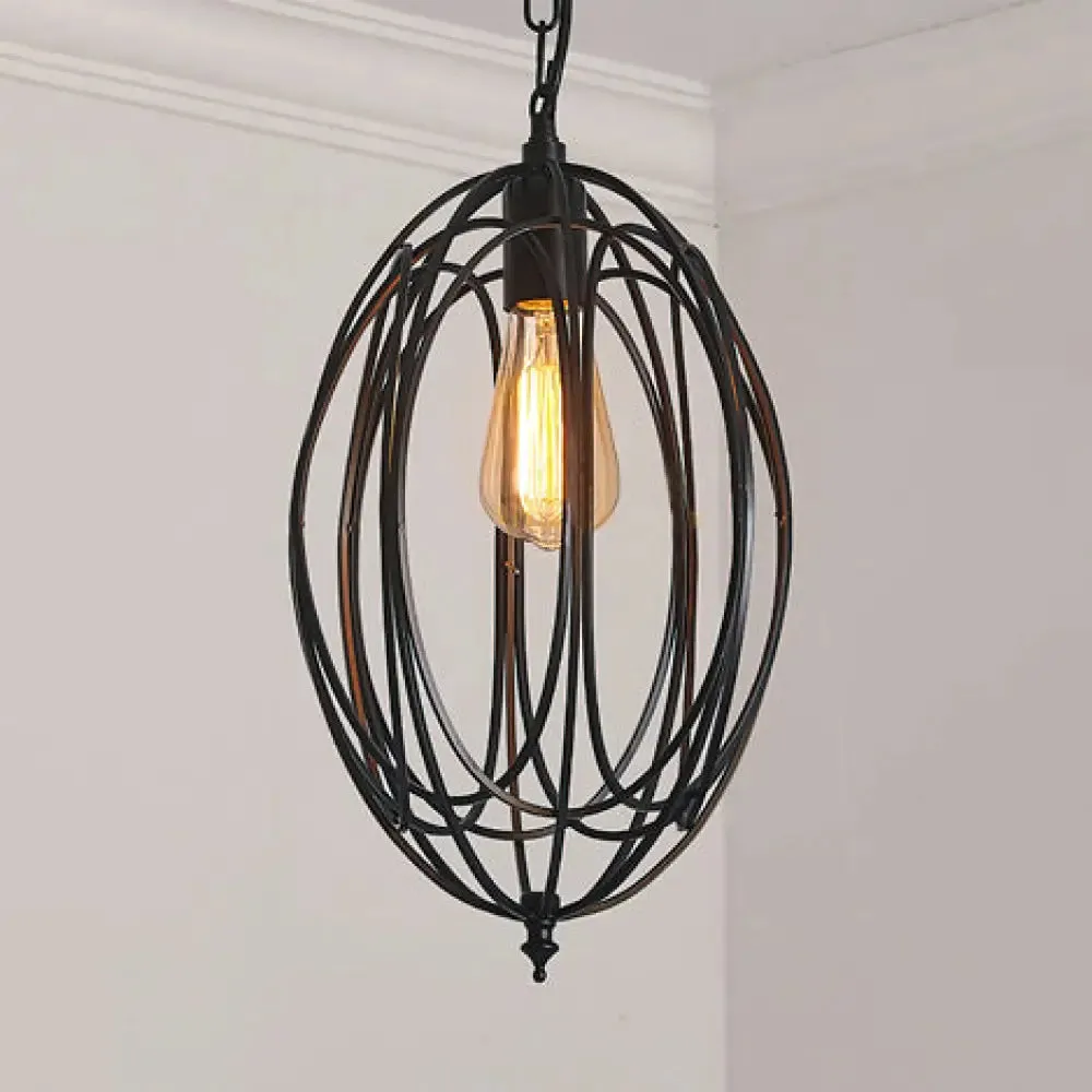 Retro Oval Pendant Light with Metallic Cage Shade - Black/White - Living Room Ceiling Lamp