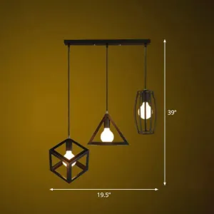 Retro Pendant Ceiling Light with Iron Frame - 3 Bulbs - Multi Lamp Pendant Ideal for Restaurants