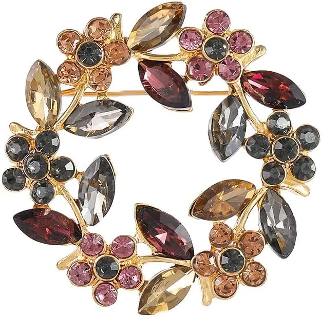 Rhinestone Flower Brooch and Pins for Women Crystal Wreath Floral Broche Ladies Dress Collar Jacket Clothing Accessories Decor Bridal Wedding Birthday Party Fashion Jewelry Gifts