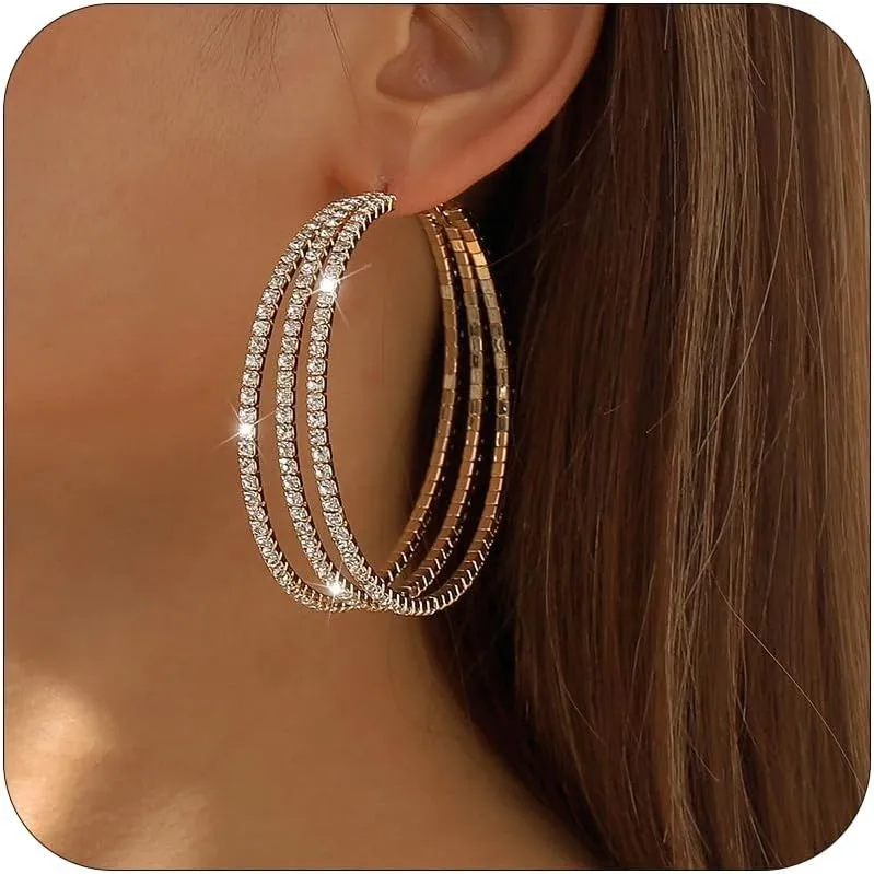Rhinestone Hoop Earrings for Women Large Gold/Silver Hoop Earrings Big Sparkly Hoops Earrings Hypoallergenic Huggie Hoop Earrings Wedding Prom Jewelry for Women