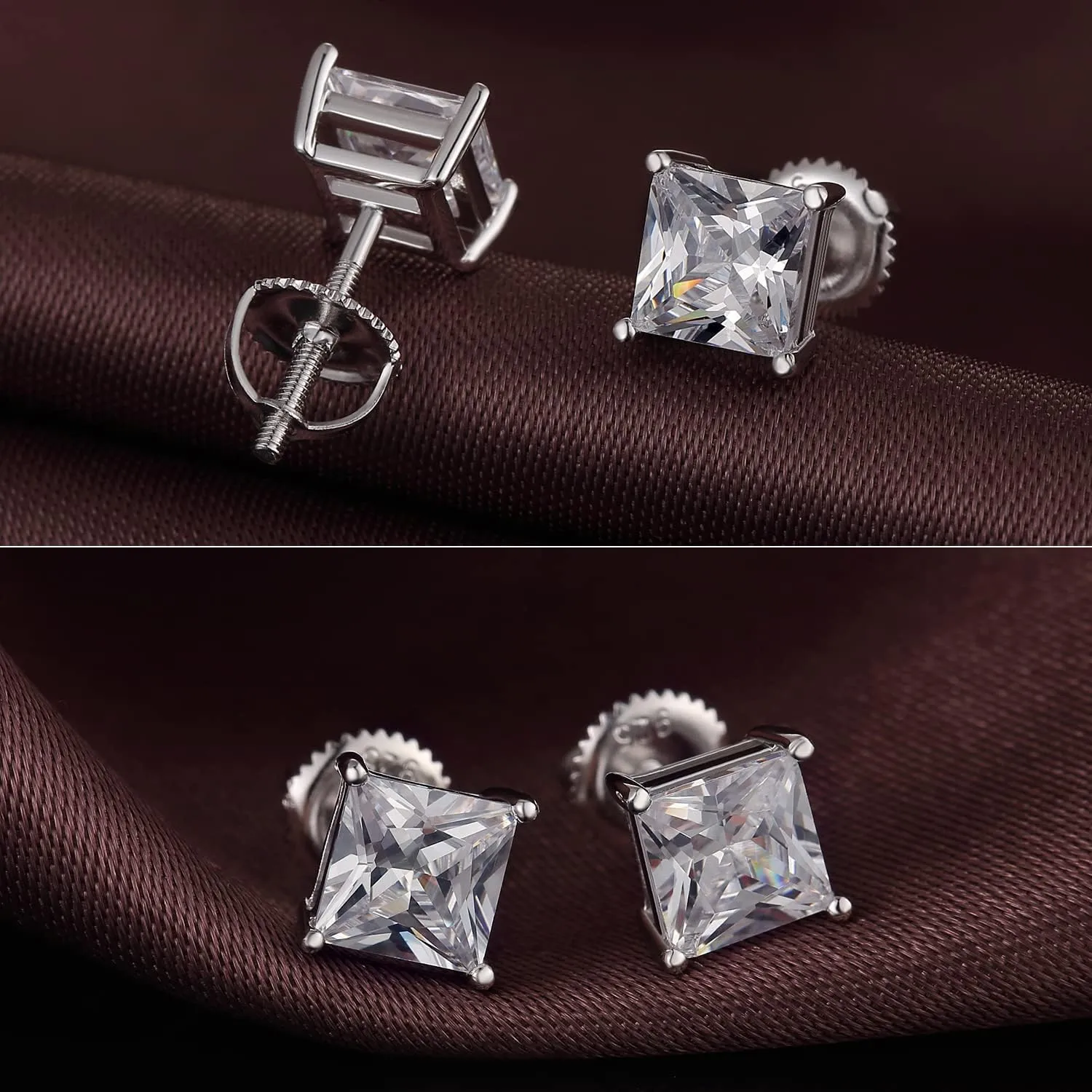Rhodium Plated Sparkling CZ Diamond Stud Earrings 925 Sterling Silver Round Cut and Princess Cut 5A  Cubic Zirconia Stud Earrings | Screw Back CZ Stud Earrings Hypoallergenic Earrings