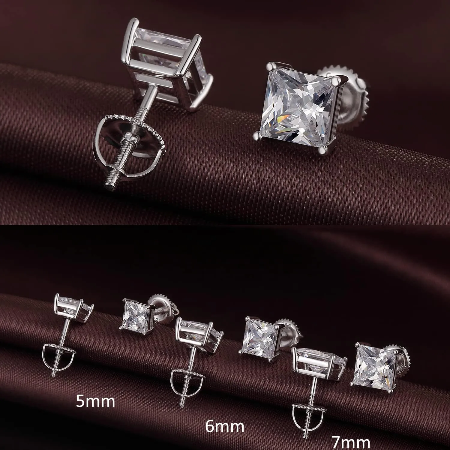 Rhodium Plated Sparkling CZ Diamond Stud Earrings 925 Sterling Silver Round Cut and Princess Cut 5A  Cubic Zirconia Stud Earrings | Screw Back CZ Stud Earrings Hypoallergenic Earrings