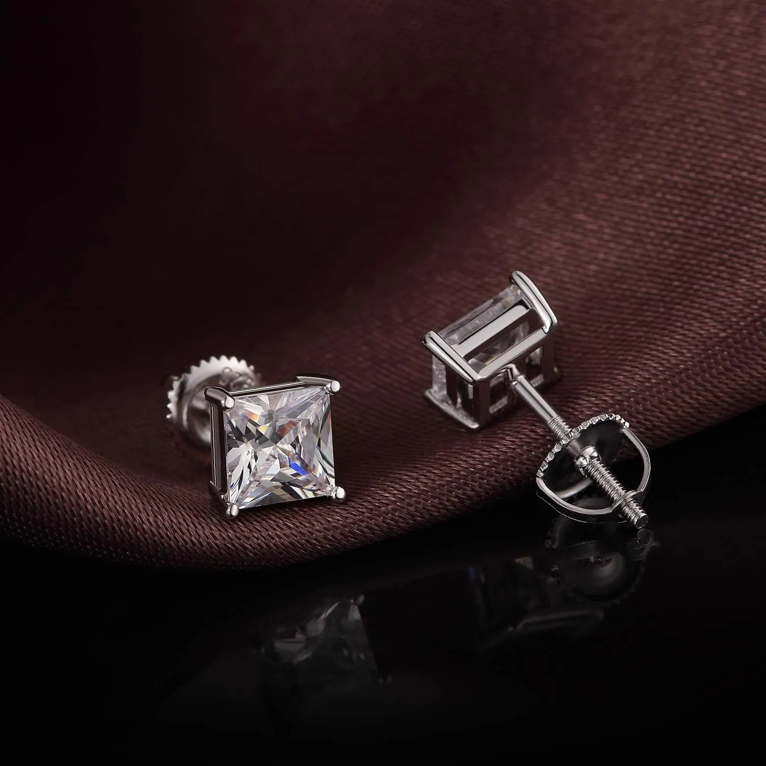 Rhodium Plated Sparkling CZ Diamond Stud Earrings 925 Sterling Silver Round Cut and Princess Cut 5A  Cubic Zirconia Stud Earrings | Screw Back CZ Stud Earrings Hypoallergenic Earrings