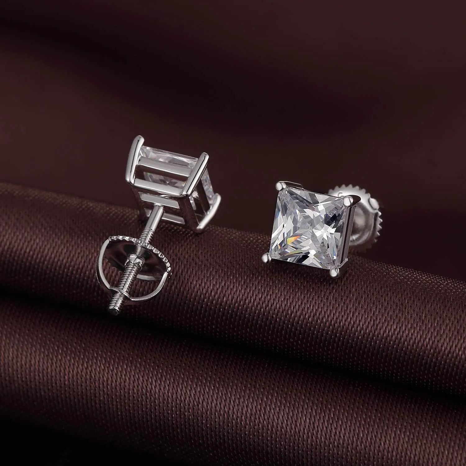 Rhodium Plated Sparkling CZ Diamond Stud Earrings 925 Sterling Silver Round Cut and Princess Cut 5A  Cubic Zirconia Stud Earrings | Screw Back CZ Stud Earrings Hypoallergenic Earrings