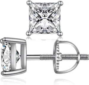 Rhodium Plated Sparkling CZ Diamond Stud Earrings 925 Sterling Silver Round Cut and Princess Cut 5A  Cubic Zirconia Stud Earrings | Screw Back CZ Stud Earrings Hypoallergenic Earrings