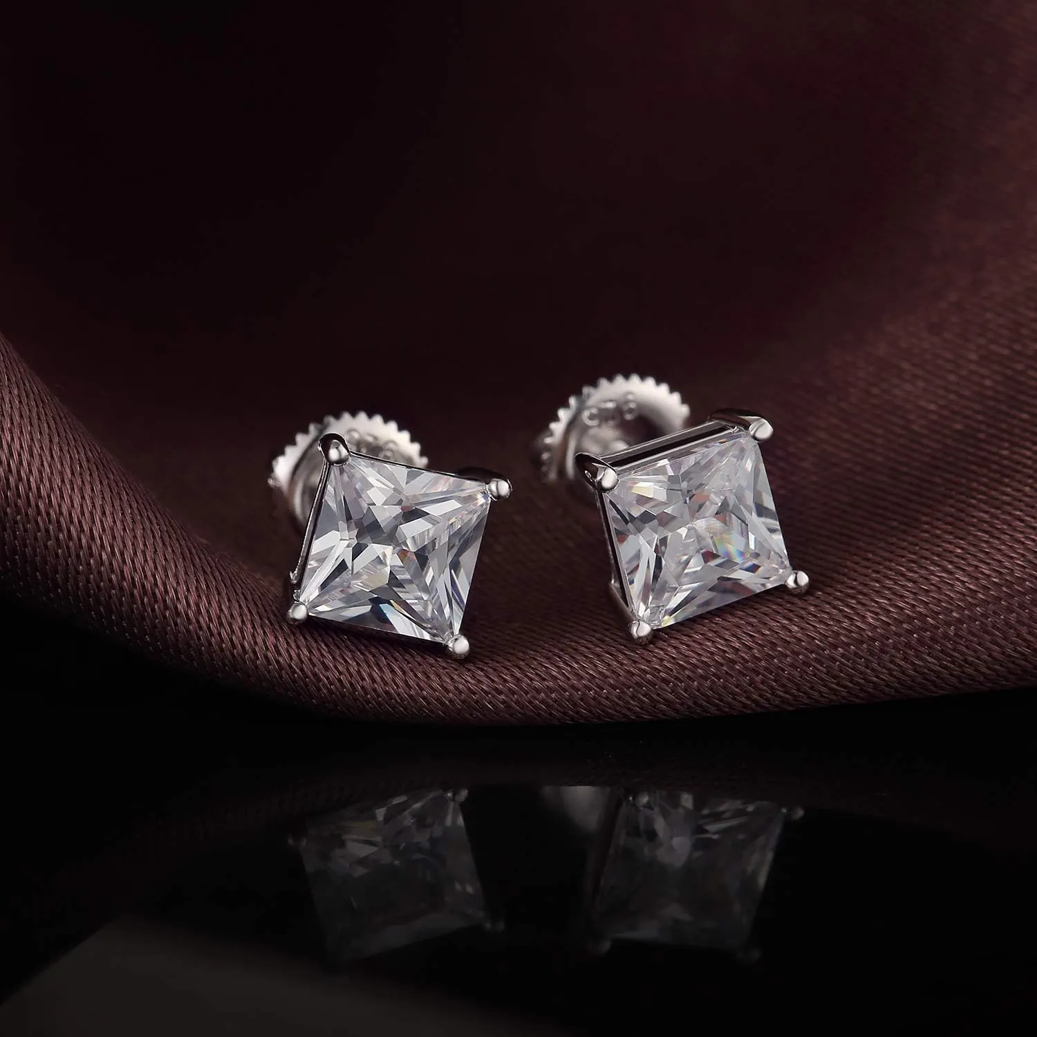 Rhodium Plated Sparkling CZ Diamond Stud Earrings 925 Sterling Silver Round Cut and Princess Cut 5A  Cubic Zirconia Stud Earrings | Screw Back CZ Stud Earrings Hypoallergenic Earrings