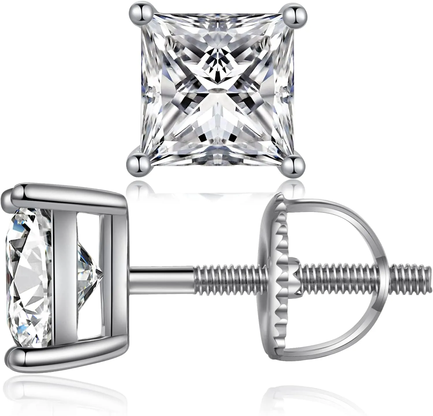 Rhodium Plated Sparkling CZ Diamond Stud Earrings 925 Sterling Silver Round Cut and Princess Cut 5A  Cubic Zirconia Stud Earrings | Screw Back CZ Stud Earrings Hypoallergenic Earrings