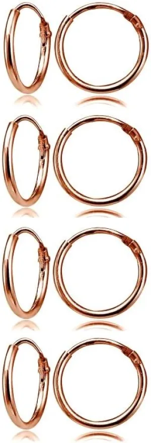 Rose Gold Flash Sterling Silver Small Endless 10mm Round Unisex Hoop Earrings for Men Women, Set of 4 Pr