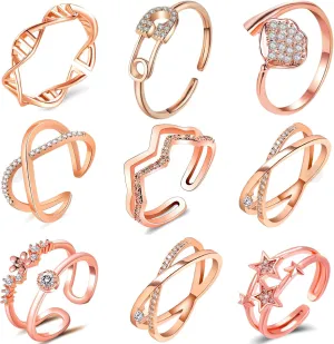 Rose Gold Stackable Rings Set for Women,Stacking Knuckle Ring, Adjustable Chunky Signet Rings with Thick Open Rings Adjustable Stackable Ring for Gift