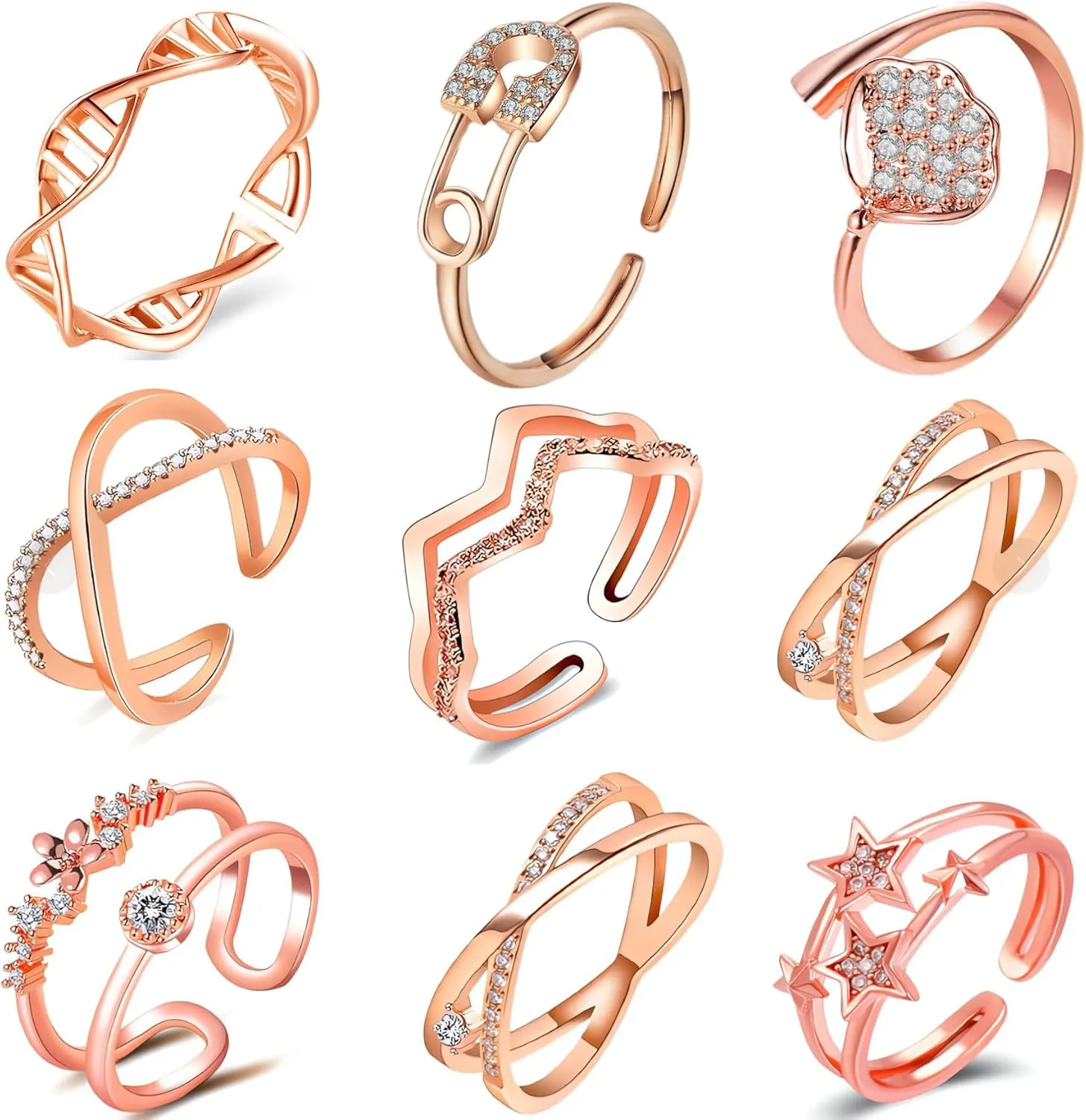 Rose Gold Stackable Rings Set for Women,Stacking Knuckle Ring, Adjustable Chunky Signet Rings with Thick Open Rings Adjustable Stackable Ring for Gift