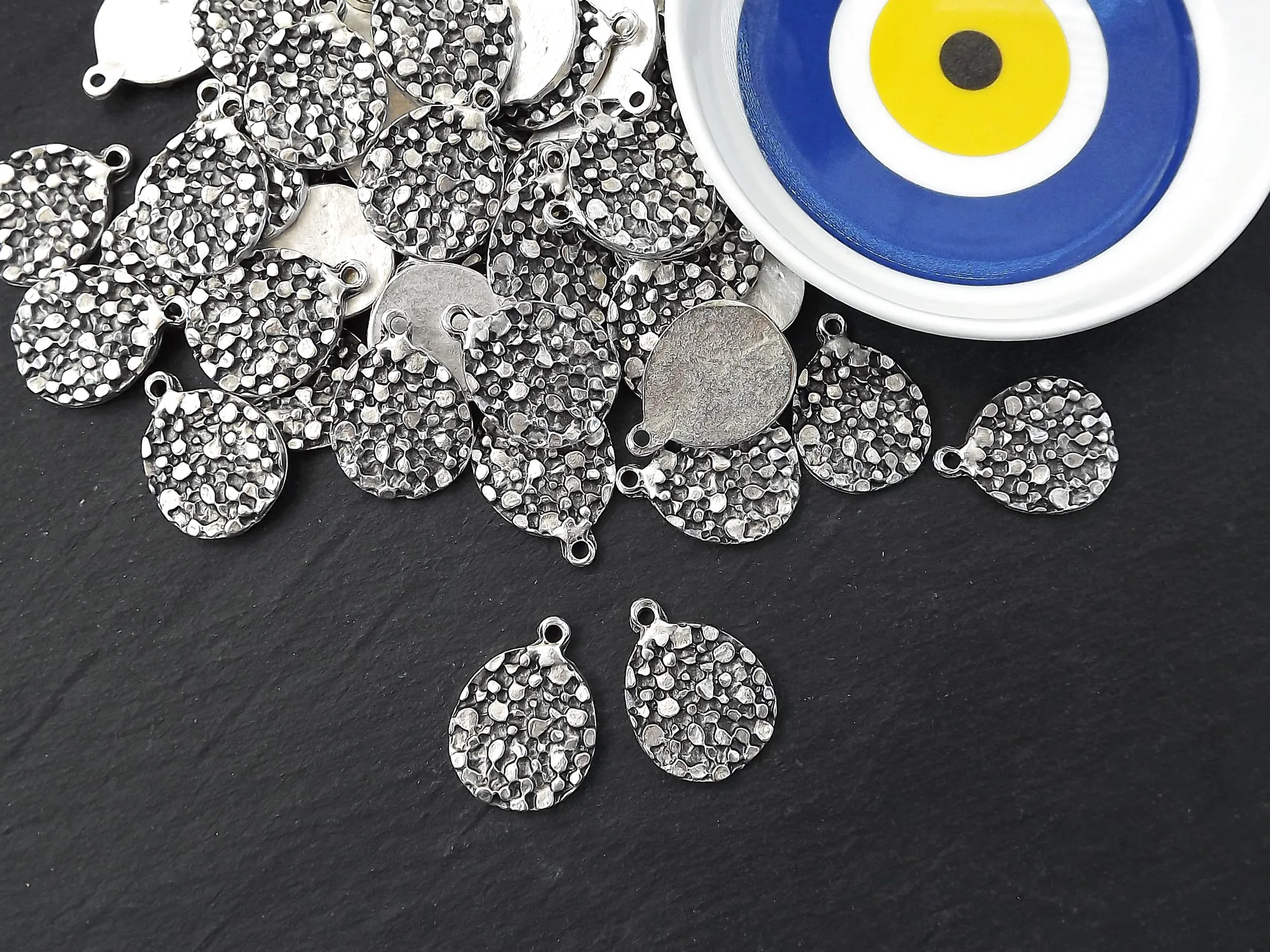 Round Dappled Disc Pendant Charms, Silver Dot Coin Pendant, Matte Antique Silver Plated, 2pc